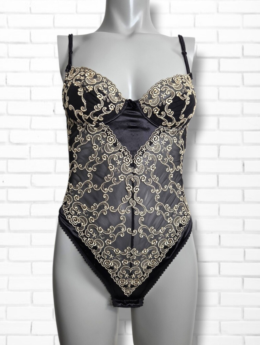 Vintage 90s Lepel Lingerie B Cup Black With Lace Embroidered Corset Bodysuit